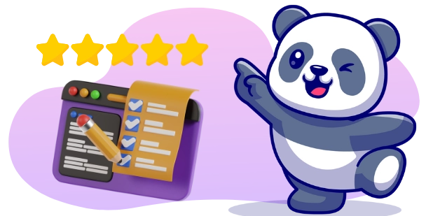 Ein Cartoon-Panda, voller Begeisterung, präsentiert ein Klemmbrett mit einer Checkliste und Bleistift, während fünf Sterne darüber schweben, was auf positive Rückmeldungen und Zufriedenheit hindeutet.