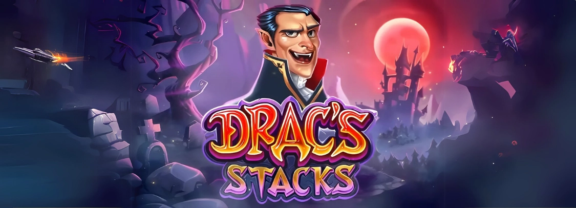 Cartoonhafte Darstellung von Dracula mit Schloss und Mond im Hintergrund sowie der Text Drac’s Stacks darunter
