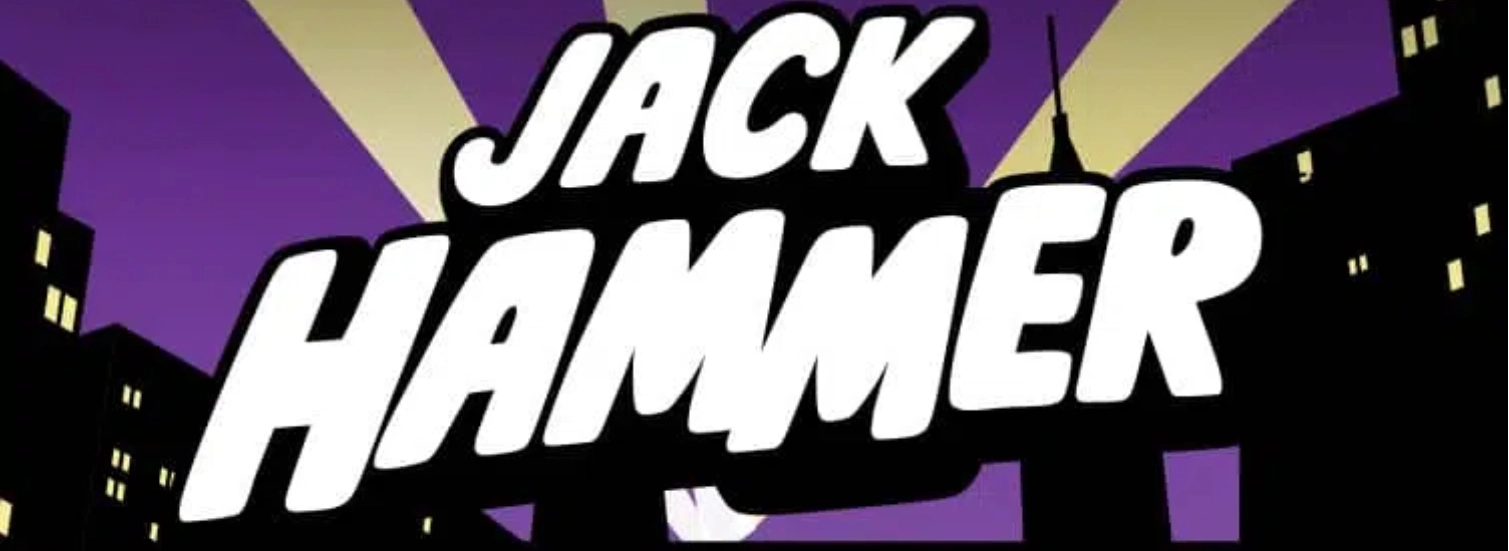 Ein Logo mit dem Schriftzug „Jack Hammer“ in dicker, weißer Schrift vor einem violetten Himmel mit gelben Lichtstrahlen und einer städtischen Silhouette im Comic-Stil.