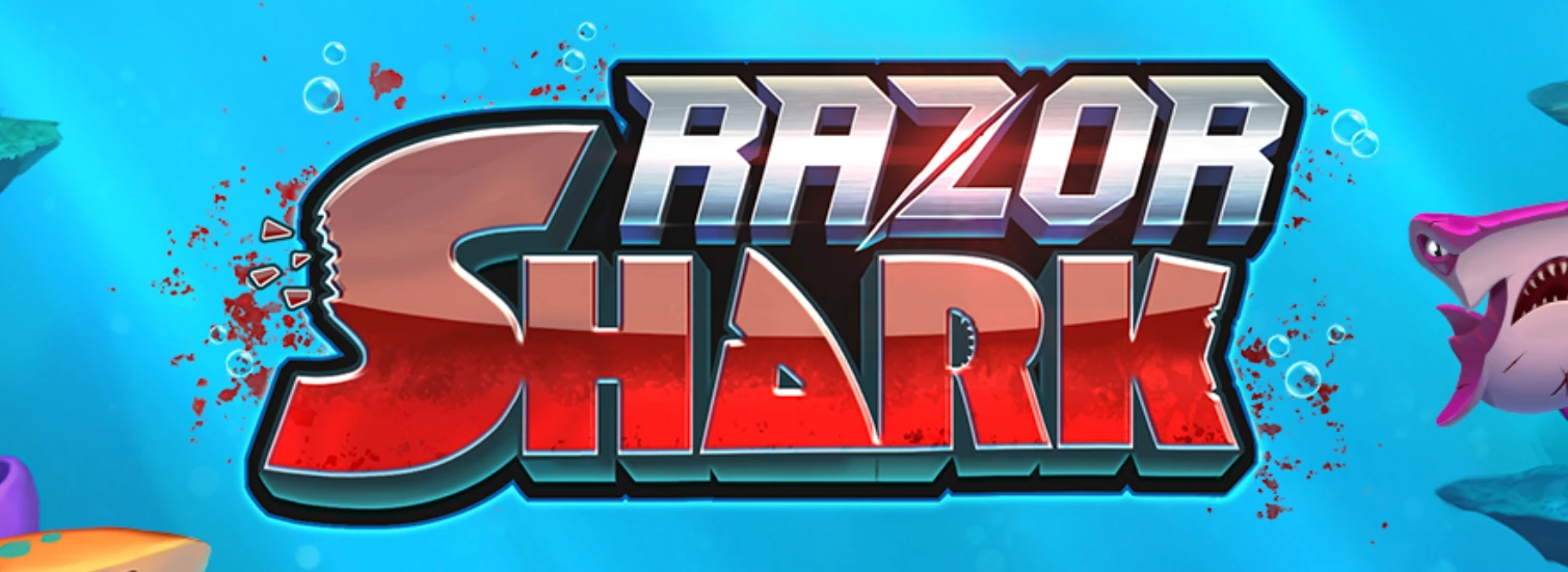 Ein Logo mit dem Schriftzug „Razor Shark“ in silberner und roter Schrift, umgeben von Blutspritzern und Luftblasen, vor einem blauen Unterwasserhintergrund mit Haien und Korallen.