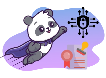Ein Cartoon-Panda mit Umhang fliegt zum Symbol eines Schlosses und eines gestempelten Dokuments.