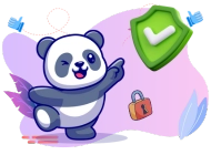 Ein sympathischer Panda, der auf ein grünes Schild mit einem Häkchen zeigt, umringt von Symbolen wie einem Schloss und blauen Daumen-hoch-Icons, auf einem lila Hintergrund.