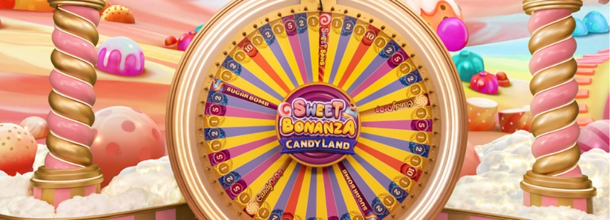 Ein farbenfroher und verspielter Candy-Land-Themen-Spielautomat, der ein großes Rad mit verschiedenen Symbolen von Süßigkeiten und Multiplikatoren zeigt.