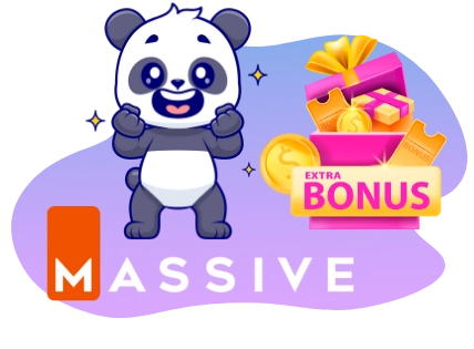 Ein Cartoon-Panda mit aufgeregtem Gesicht neben einer Geschenkbox mit Tickets und Münzen mit der Aufschrift EXTRA BONUS.
