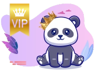 Ein lächelnder Panda mit einer goldenen Krone sitzt auf einem lila Hintergrund, flankiert von einem goldenen VIP-Banner mit Krone.