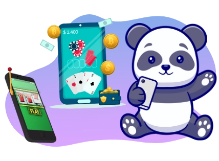 Ein Cartoon-Panda hält ein Telefon, auf dem ein Spielautomat zu sehen ist, im Hintergrund Casino-Symbole.