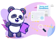 Charmante Panda-Illustration mit Klemmbrett, nebendokumentiert zu „AGB“, inklusive Häkchen und Lupe auf einem violetten Hintergrund.