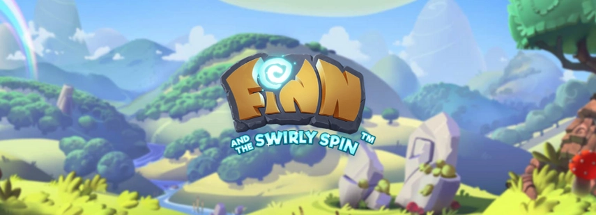 Beim Spielautomaten Finn and the Swirly Spin werden die Spieler von einem fantasievollen Titelschirm mit einer zauberhaften Landschaft und dem charakteristischen Spiel-Logo empfangen.
