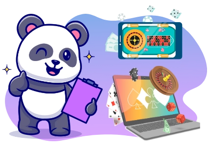 Ein Cartoon-Panda mit Klemmbrett und Laptop, auf dem ein Rouletterad und Casino-Artikel wie Würfel und Chips gezeigt werden.