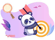 Ein niedlicher Panda, der auf eine Zielscheibe zeigt, im Hintergrund eine Lupe und violette Blätter auf einem lila Hintergrund.