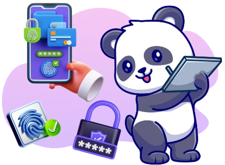 Ein Cartoon-Panda benutzt ein Tablet, umgeben von Symbolen für sichere Online-Transaktionen, wie Fingerabdruck-Authentifizierung, Passwortschutz und Kreditkartensicherheit.