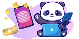 Ein fröhlicher Panda mit Laptop auf dem Schoß, daneben ein Smartphone mit Sternen und einem goldenen Ticket, vor einem violetten Hintergrund.