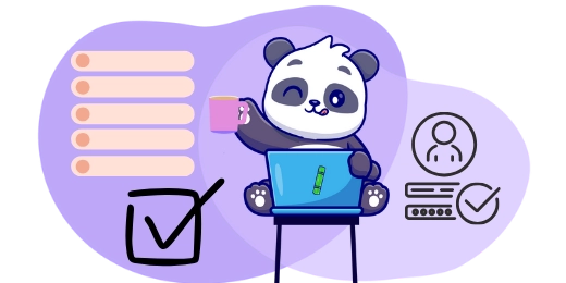 Ein Cartoon-Panda mit einem Laptop, auf dem ein Checklistenformular und Anmeldesymbole dargestellt sind.