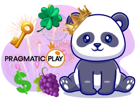 Ein Cartoon-Panda trägt eine Krone und sitzt zwischen Glückssymbolen wie einem vierblättrigen Kleeblatt, einem Schlüssel, Trauben und einem Dollarzeichen, begleitet vom Pragmatic Play-Logo und Feuerwerken im Hintergrund.