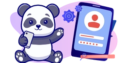 Ein fröhlicher Panda mit Smartphone in der Hand, neben einem großen Bildschirm mit einem Login-Formular, Zahnrädern und einer Lupe, vor einem violetten Hintergrund.