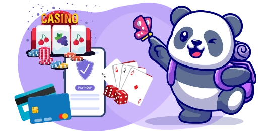 Ein Cartoon-Panda mit Rucksack und Schmetterling, neben einem Telefon, auf dem eine Casino-App mit Karten, Würfeln und Kreditkarten zu sehen ist.