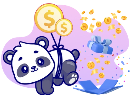 Ein Cartoon-Panda schwebt mit an seinem Rücken befestigten Dollarzeichen-Ballons und fliegt über eine Geschenkbox, aus der Münzen und Konfetti herausfallen.
