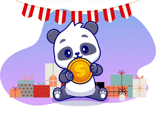Ein fröhlicher Panda, der eine Kreditkarte hält, daneben ein Smartphone mit Kartensymbolen auf dem Bildschirm, umgeben von schwebenden goldenen Münzen.