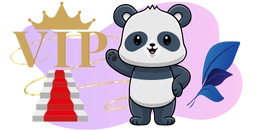 Ein Panda neben einer goldenen VIP-Krone sowie einer roten Teppichtreppe, vor einem violetten Hintergrund mit dekorativen Elementen.