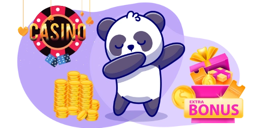 Ein Cartoon-Panda tummelt sich neben Casino-Chip, Goldmünzen und einer EXTRA BONUS-Geschenkbox.