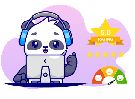 Ein Cartoon-Panda trägt ein Headset, sitzt an einem Computer und zeigt einen Daumen hoch, begleitet von einer Bewertung von 5.0 Punkten und einem Zufriedenheitsbarometer, das hohe Kundenzufriedenheit signalisiert.