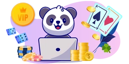 Ein Panda vor einem Laptop, umgeben von Spielkarten, Münzen, Würfeln, Pokerchips und einem VIP-Symbol, auf einem violetten Hintergrund.