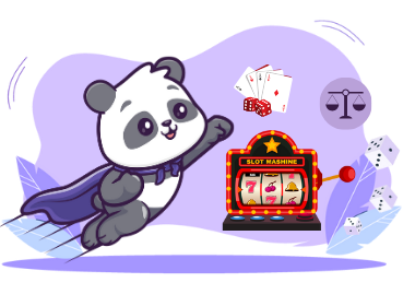 Cartoon-Panda mit Umhang, Spielautomat und Glückssymbolen