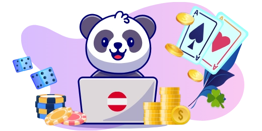 Ein Panda sitzt am Laptop, umgeben von Karten und Banknoten.