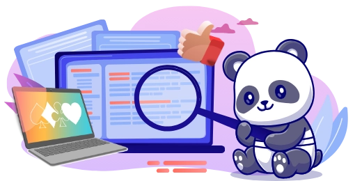 Ein Panda als Suchmaschine darstellend, umgeben von digitalen Symbolen und Suchzeichen.