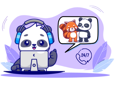 Cartoon-Panda mit Headset, Sprechblase mit Panda und rotem Fuchs