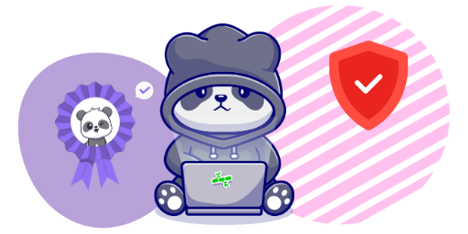 Cartoon-Panda-Hacker mit Laptop, Sicherheitsschild und Siegerband