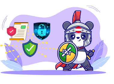 Cartoon-Panda-Ritter mit Schild und Helm, Sicherheitssymbole