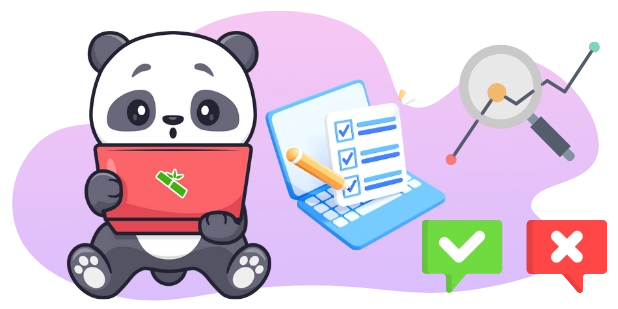 Ein wissbegieriger Panda untersucht Daten mithilfe eines Tablets, Laptops, einer Lupe und einer Checkliste.