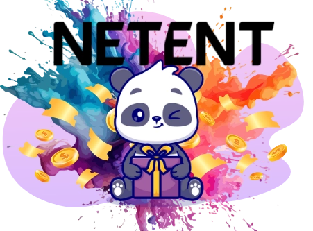 Ein fröhlicher Panda bewirbt die NetEnt Casino-Spiele zusammen mit verschiedenen Boni, illustriert durch Geschenkboxen, goldene Münzen und das NetEnt-Logo.
