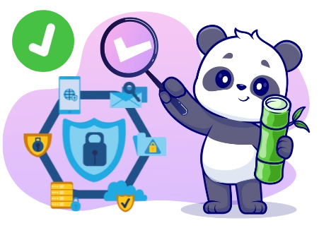 Ein niedlicher Panda hält einen Bambusstock und eine Lupe, während Symbole, die Sicherheit, Privatsphäre und Datenschutz darstellen, auf einen Schwerpunkt auf Online-Sicherheit hinweisen.