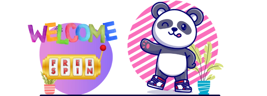 Eine freundliche Panda-Cartoonfigur winkt neben einem Spielautomaten, der ‚FREE SPIN‘ anzeigt, mit ‚WELCOME‘ in bunten Buchstaben darüber.
