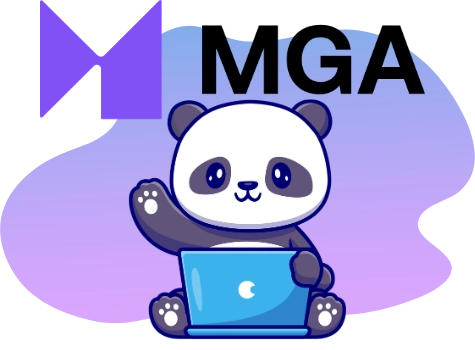 Ein lächelnder Panda inspiziert mit einer Lupe gemeinsam mit dem flatternden Union Jack eine Szenerie in Lila.