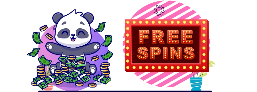 Eine fröhliche Panda-Cartoonfigur thront auf einem Haufen Münzen und Geld, über dem die Worte ‚FREE SPINS‘ in einem leuchtenden Schild stehen.
