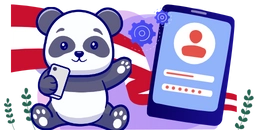 Ein lächelnder Panda hält ein Smartphone in den Händen, daneben ein großes Handy mit Login-Maske vor der Kulisse der österreichischen Flagge auf lilafarbenem Hintergrund.