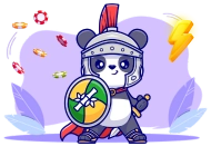 Ein fliegender Panda mit rotem Umhang und einem Lächeln. Im Hintergrund eine blaue Cashback-Karte mit Pfeil und lilafarbene Blätter.
