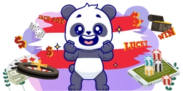 Ein fröhlicher Panda agiert vor der österreichischen Flagge, umgeben von Casino-Symbolen wie Karten, Würfeln und Chips.