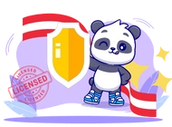 Ein niedlicher Panda präsentiert stolz ein goldenes Schild und hebt die Hand zum Gruß. Österreichische Flaggen umgeben ihn sowie ein