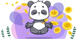Ein fröhlicher Panda mit Stirnband und Angel, an der eine Goldmünze hängt. Links ist der Schriftzug 'Slots', rechts ein Kirschsymbol. Hintergrund mit Konfetti in Lila und Blau.
