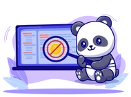 Ein entzückender Panda fokussiert mit einer Lupe einen Bildschirm, auf dem ein durchgestrichenes Münzensymbol zu erkennen ist.