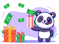 Ein niedlicher Panda hält ein Geschenk, während um ihn herum Geldscheine flattern.
