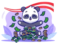 Ein glücklicher Panda sitzt in einem Berg von Geld unter einer österreichischen Flagge.