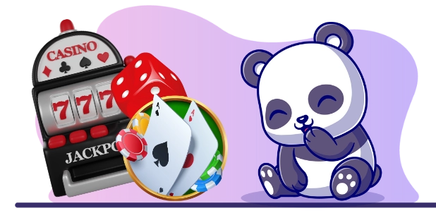 Ein verspielter Panda sitzt neben einem Automatenspiel, Würfeln und Spielkarten und rückt dabei den Schwerpunkt auf das Thema Online-Casinos und Glücksspiel.