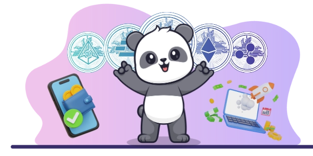 Ein charmanter Panda, umgeben von unterschiedlichen Kryptowährungen, einem Smartphone, einem Laptop und einer Rakete, was auf den zentralen Aspekt von Kryptowährungen und deren Nutzungsmöglichkeiten hindeutet.