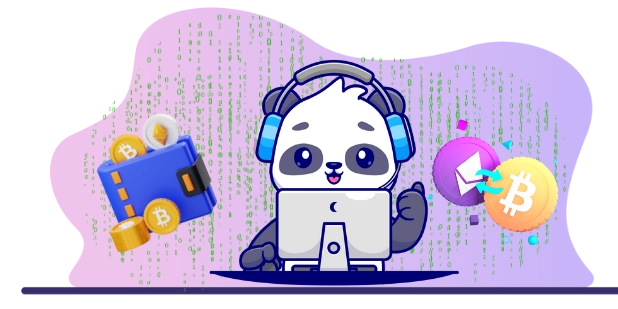 Ein putziger Panda mit großen Kopfhörern arbeitet am Laptop, umgeben von Symbolen für Kryptowährungen und einer Wallet im Hintergrund.