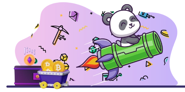 Ein astronauthafter Panda begibt sich mit einer Rakete auf eine Entdeckungsreise in die Welt der Kryptowährungen.